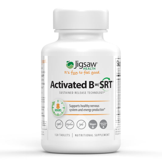 Jigsaw Health Activated B w/SRT bottle shows the container with steady energy focus.
