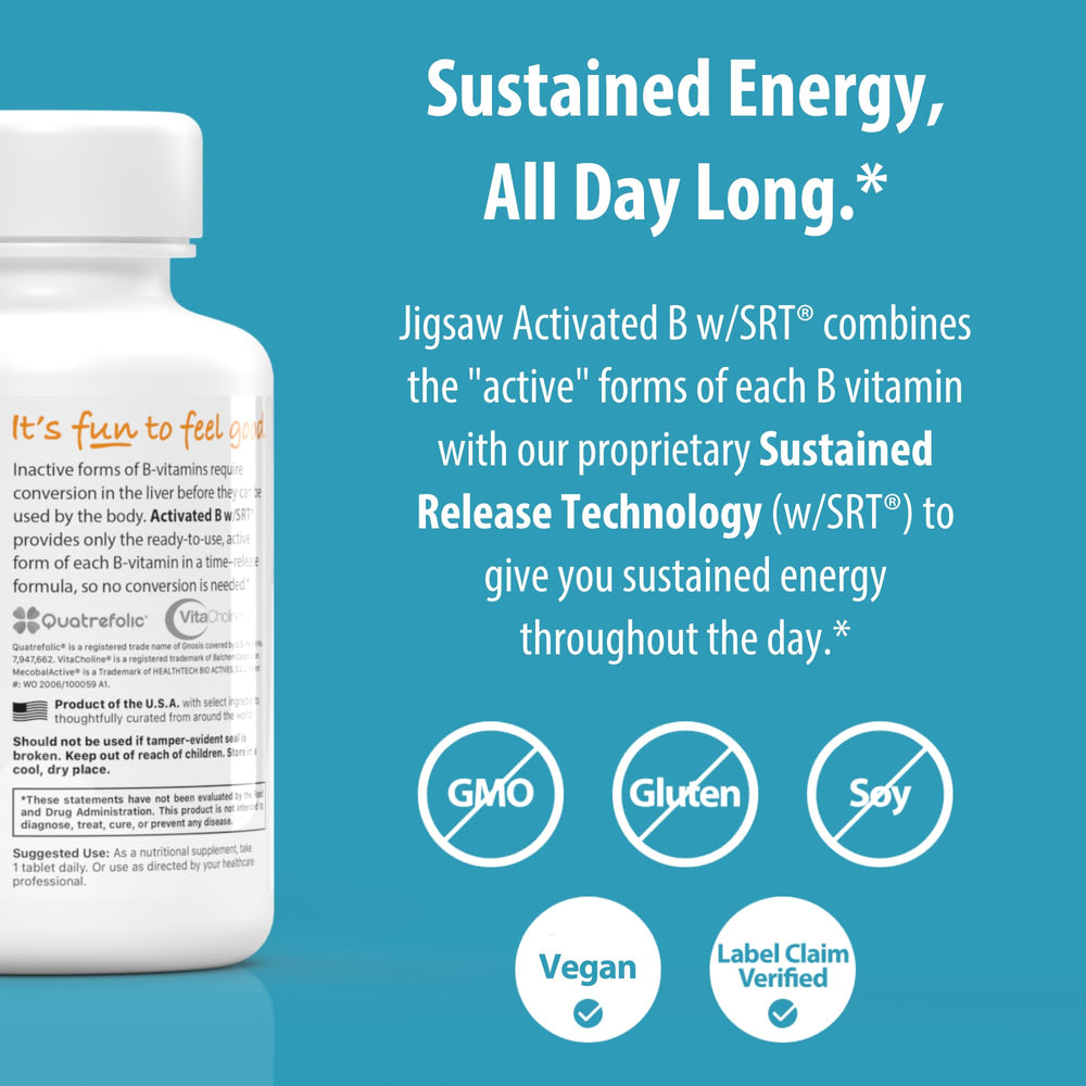 Jigsaw Health Activated B w/SRT label highlights active ingredients.