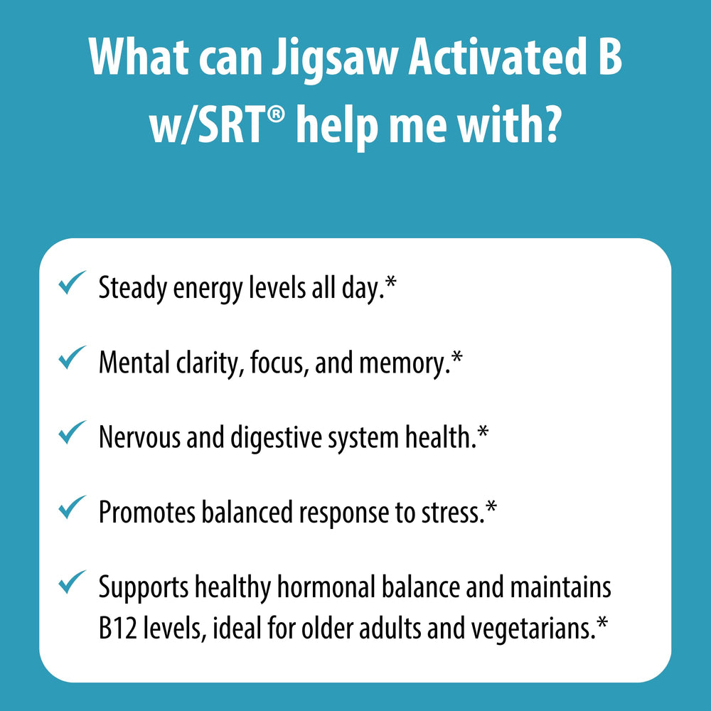 Jigsaw Health Activated B w/SRT packaging emphasizes quality and trust.