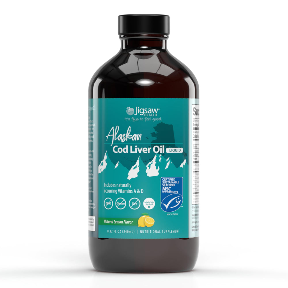 Jigsaw Health Alaskan Cod Liver Oil Liquid bottle, highlighting sustainable sourcing and daily omega-3 support.