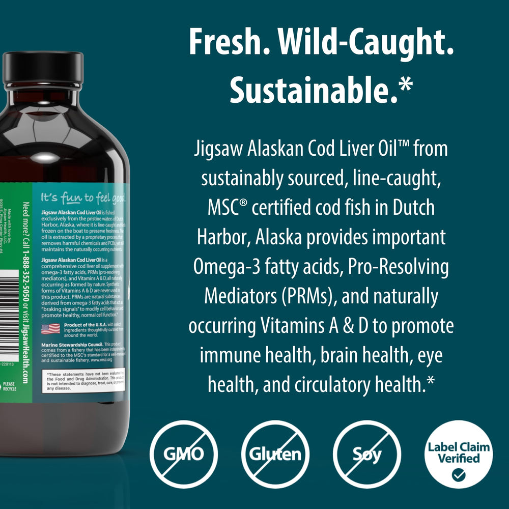 Jigsaw Health Cod Liver Oil Liquid label close-up, showing purity and Marine Stewardship Certification.