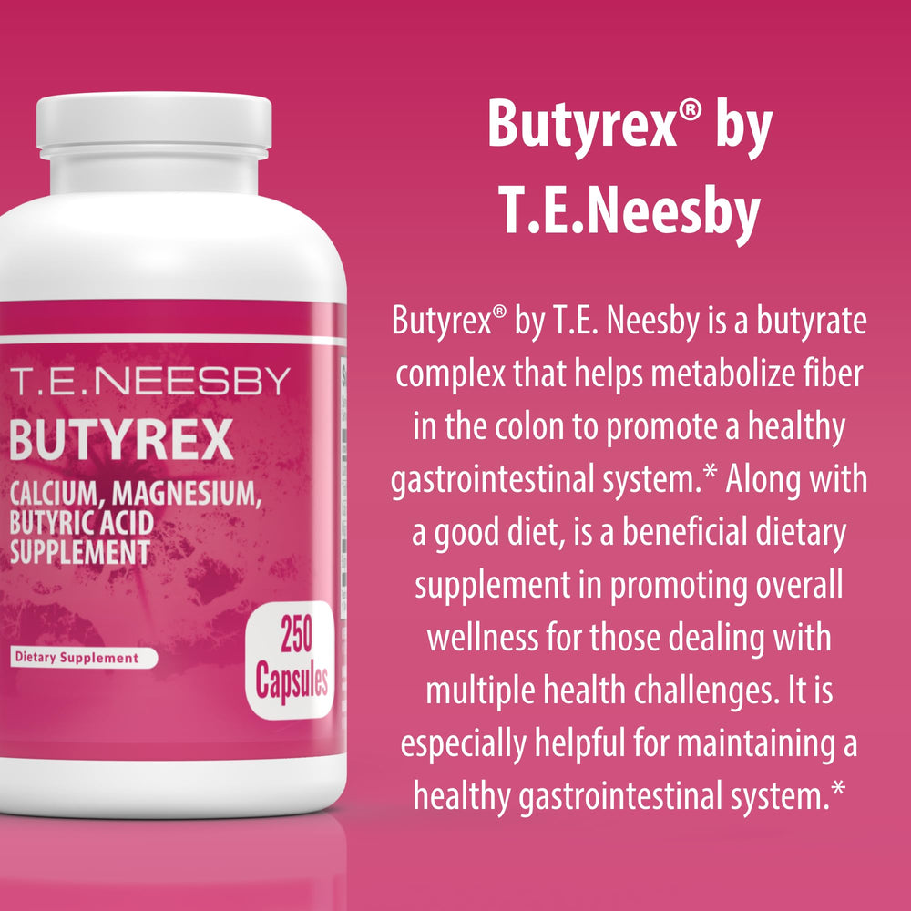 Butyrex ingredients diagram shows calcium and magnesium butyrates