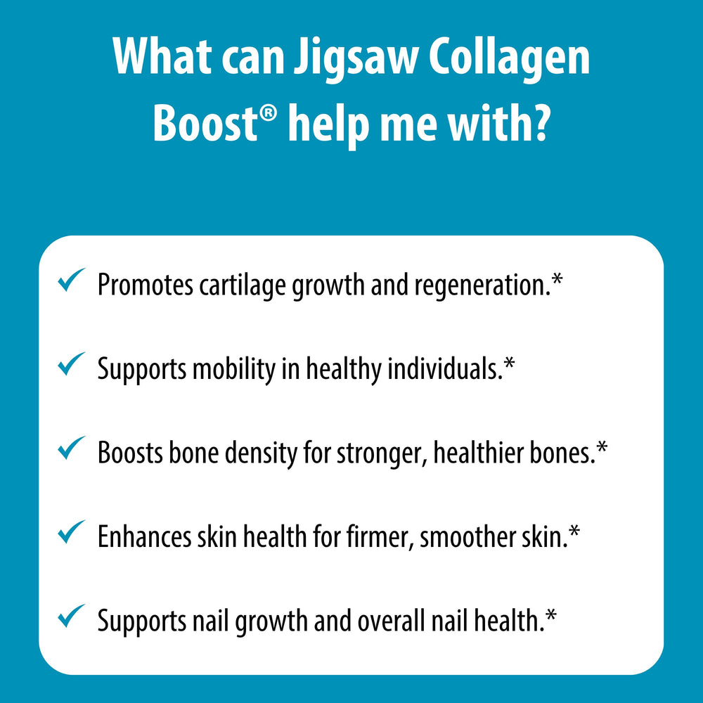 Jigsaw Health Collagen Boost bottle label emphasizes fortified nutrients for skin and joints