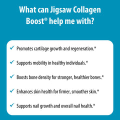 Jigsaw Health Collagen Boost bottle label emphasizes fortified nutrients for skin and joints