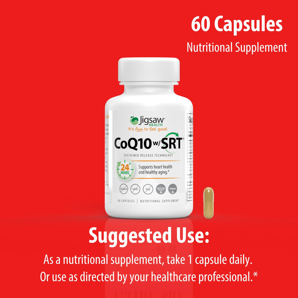 Jigsaw Health CoQ10 w/SRT bottle opened showing capsules neatly inside.