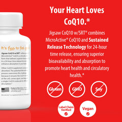 Jigsaw Health CoQ10 w/SRT two-month supply box demonstrates value and convenience.