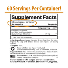 Jigsaw Health Curcumin C3 Complex bottle back showing ingredients and serving size.