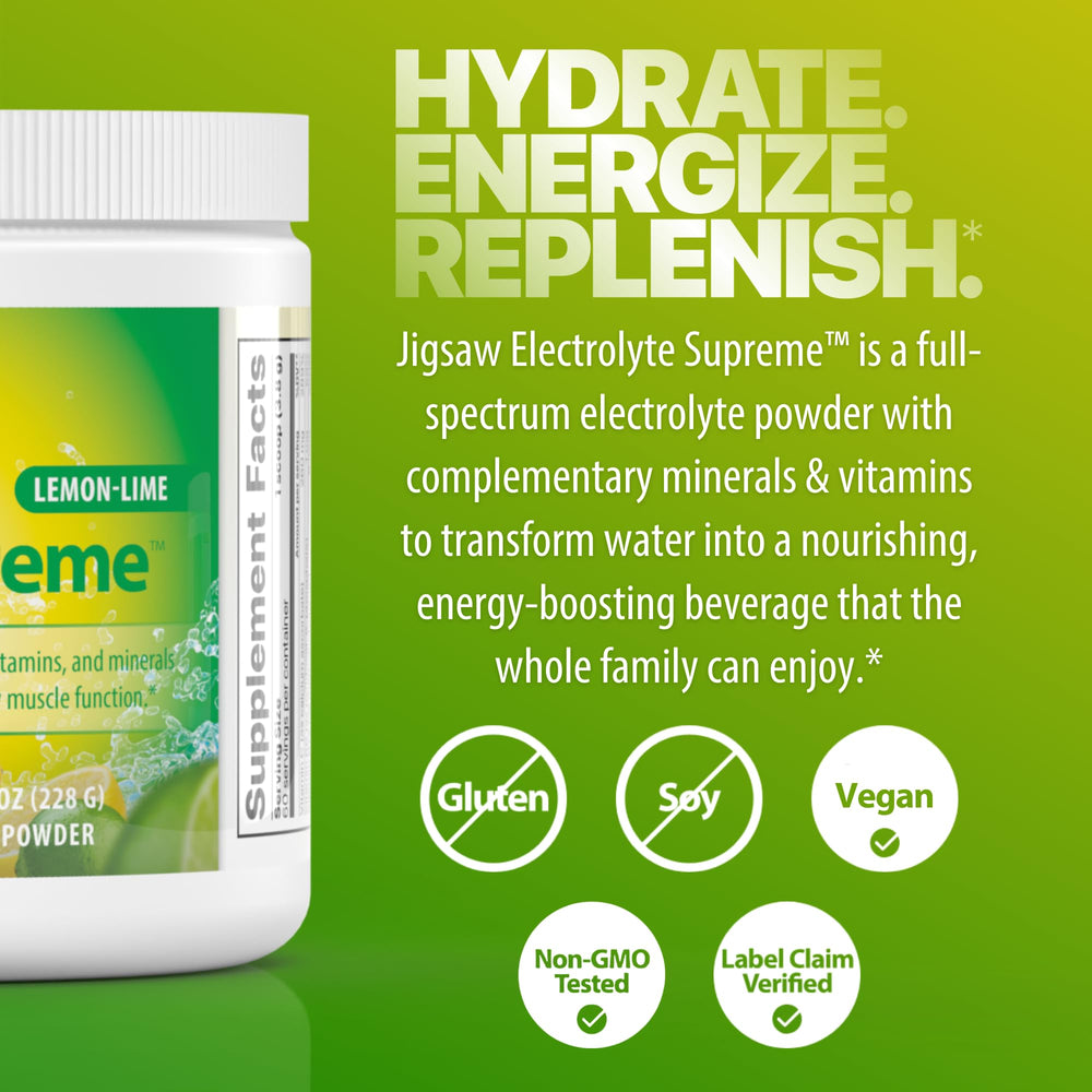 Jigsaw Health Electrolyte Supreme family-use highlights suitability for parents and kids.