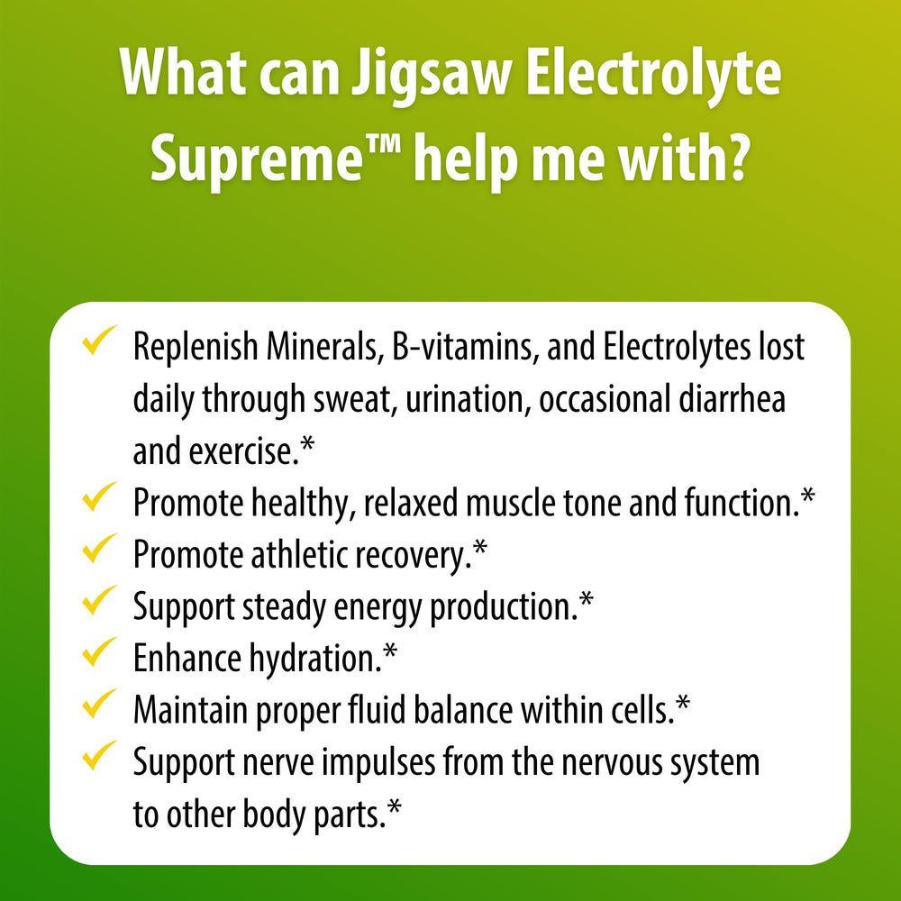 Jigsaw Health Electrolyte Supreme mineral blend includes calcium, magnesium, zinc for balance.
