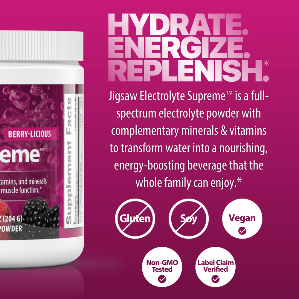 Jigsaw Health Electrolyte Supreme keto-friendly jar with sugar-free option.