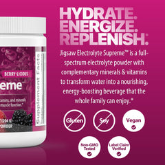 Jigsaw Health Electrolyte Supreme keto-friendly jar with sugar-free option.