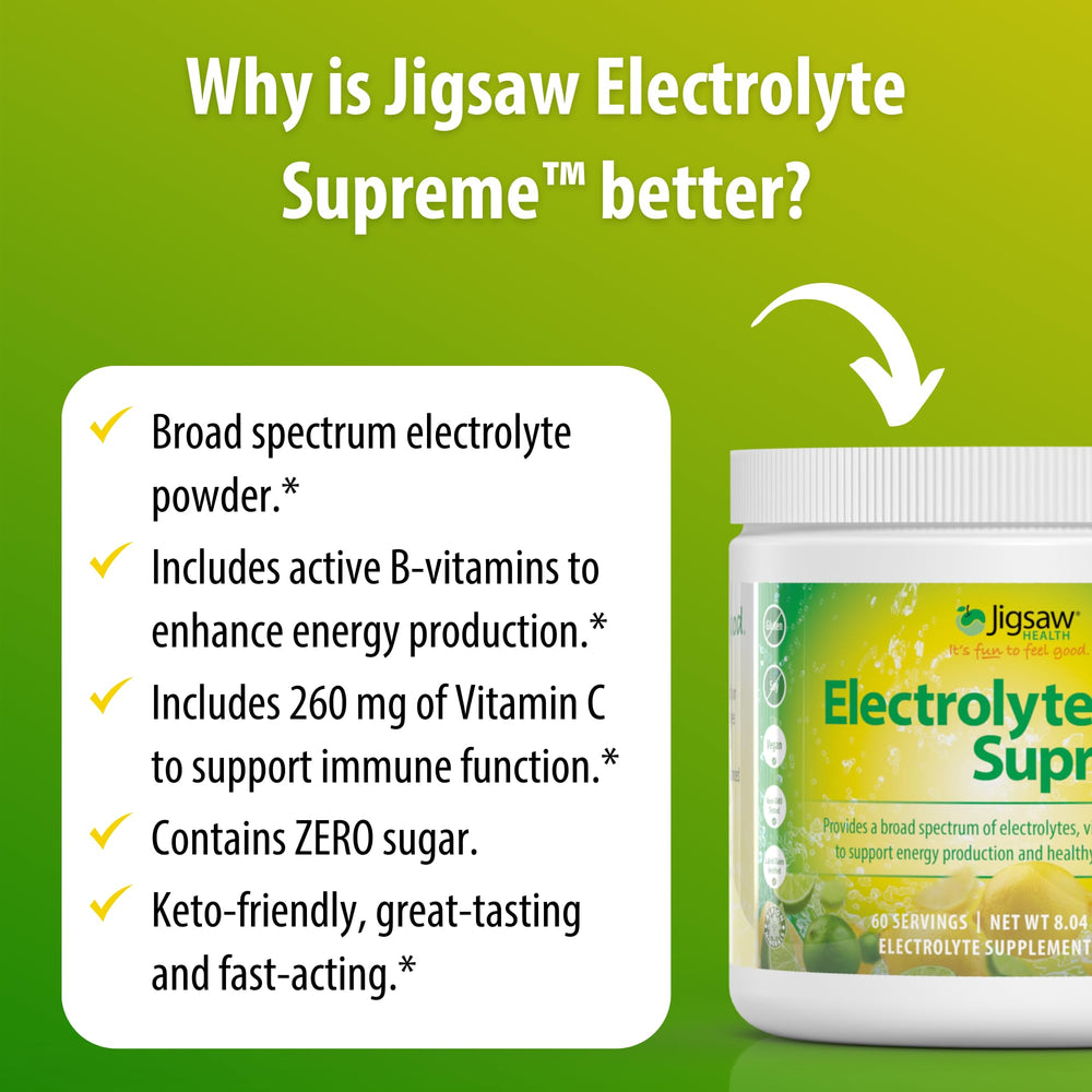 Jigsaw Health Electrolyte Supreme lemon-lime flavor offers tasty hydration without sugar.