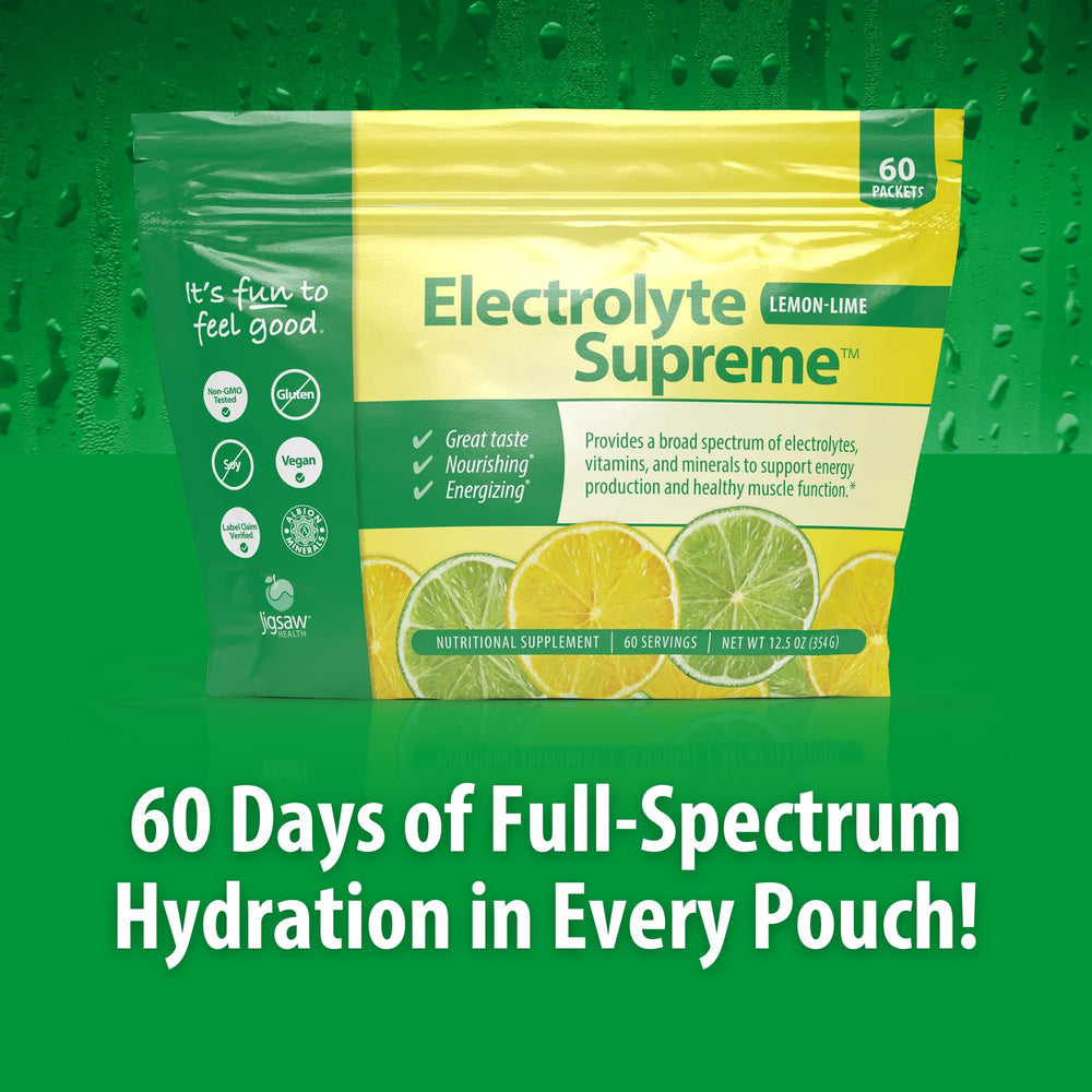 Jigsaw Health Electrolyte Supreme lemon-lime bag back shows ingredients for informed use