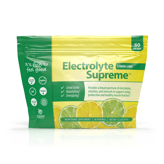Jigsaw Health Electrolyte Supreme lemon-lime packet closeup for quick hydration