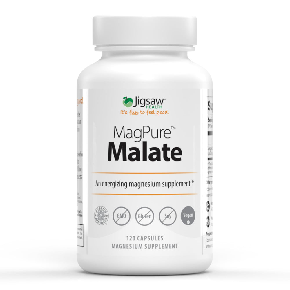 Jigsaw Health MagPure Malate bottle label shows magnesium capsules for energy support