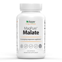 Jigsaw Health MagPure Malate bottle label shows magnesium capsules for energy support