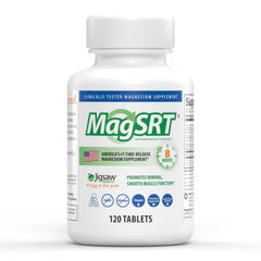 Jigsaw Health MagSRT bottle front showing timed-release formula for steady daily support