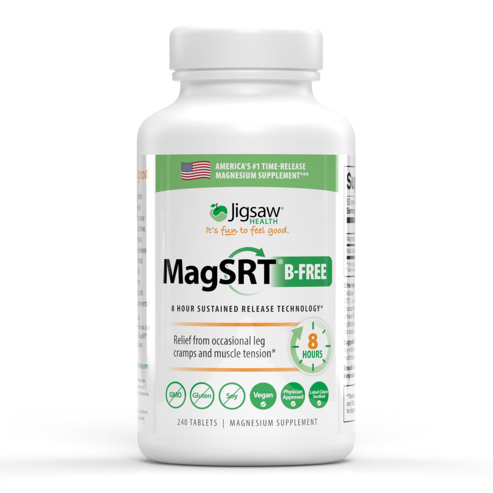 Jigsaw Health MagSRT bottle pour demonstrates timed-release magnesium for steady daily support.