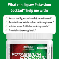 Banana comparison visual beside Jigsaw Health Potassium Cocktail emphasizing potassium content.