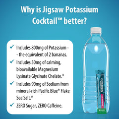 Jigsaw Health Potassium Cocktail packets beside a glass