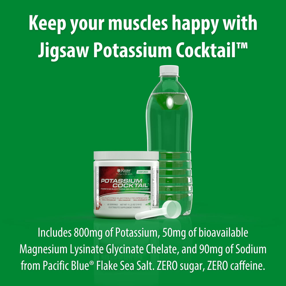 Jigsaw Health Potassium Cocktail jar displays 60 servings for daily use.