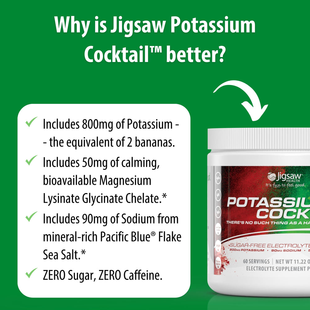 Label close-up on Jigsaw Health Potassium Cocktail showing sugar-free claim and flavor.