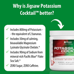 Label close-up on Jigsaw Health Potassium Cocktail showing sugar-free claim and flavor.