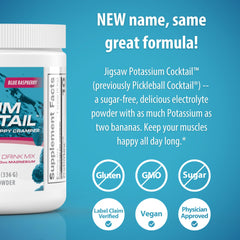 Jigsaw Health Potassium Cocktail label highlights zero sugar and caffeine-free formula