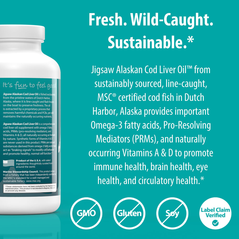 Jigsaw Health sustainably sourced cod in Dutch Harbor backdrop.