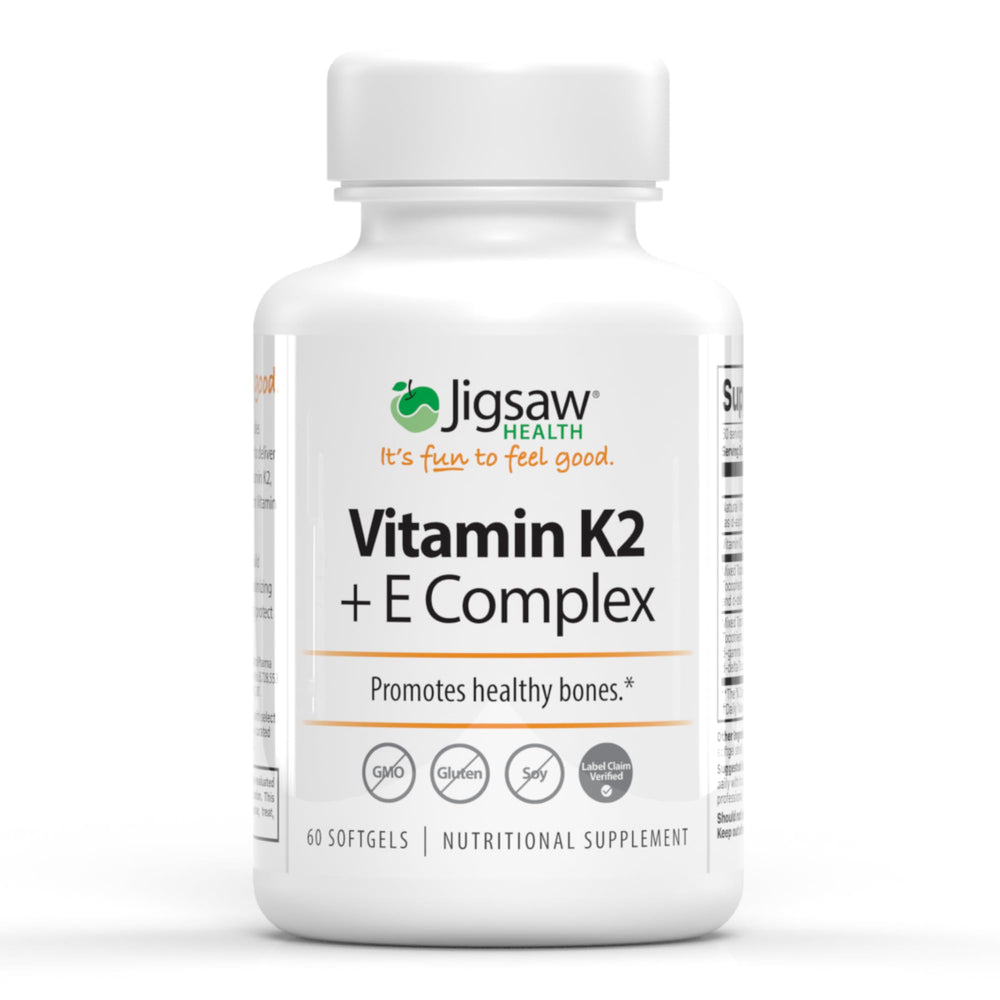 Jigsaw Health Vitamin K2 + E Complex bottle front highlights a bone-support formula.