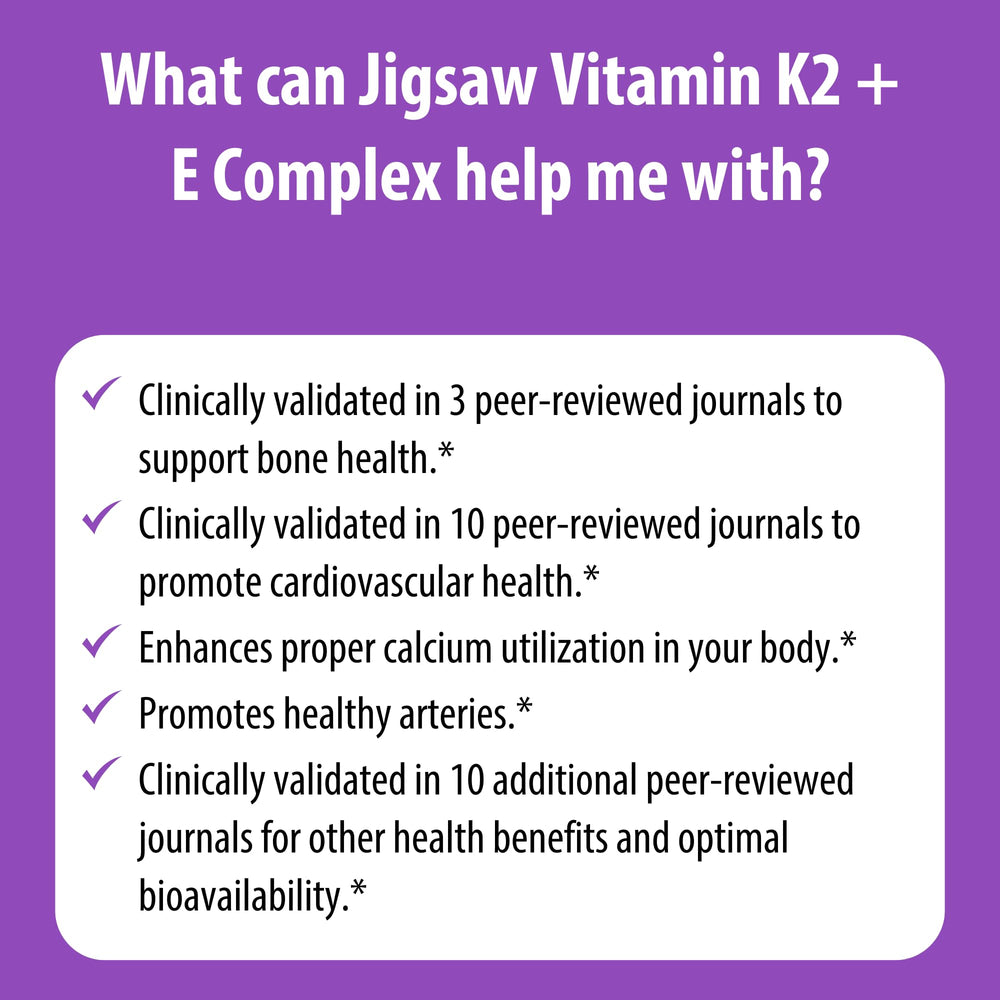 Jigsaw Health Vitamin K2 + E Complex bottle in hand suggests on-the-go use.