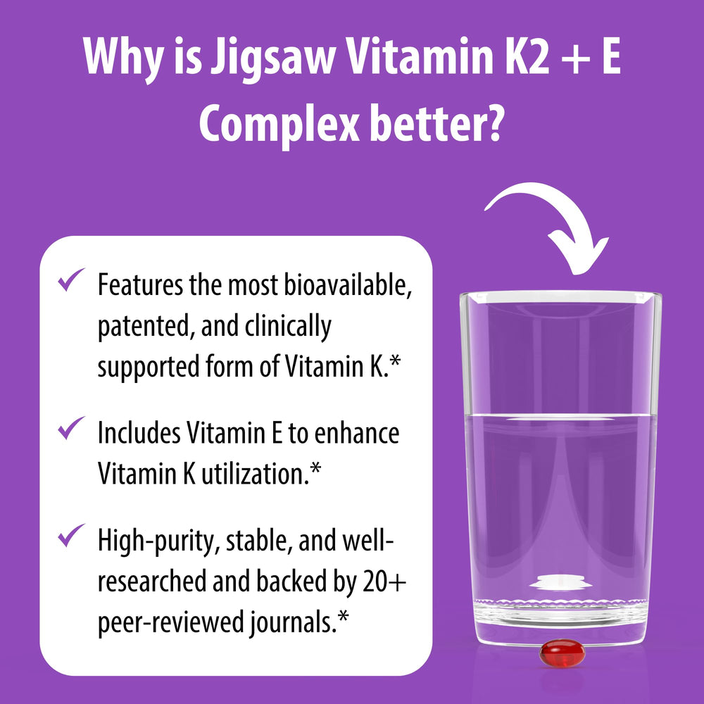 Jigsaw Health Vitamin K2 + E Complex ingredients panel notes MenaQ7 K2 and vitamin E.