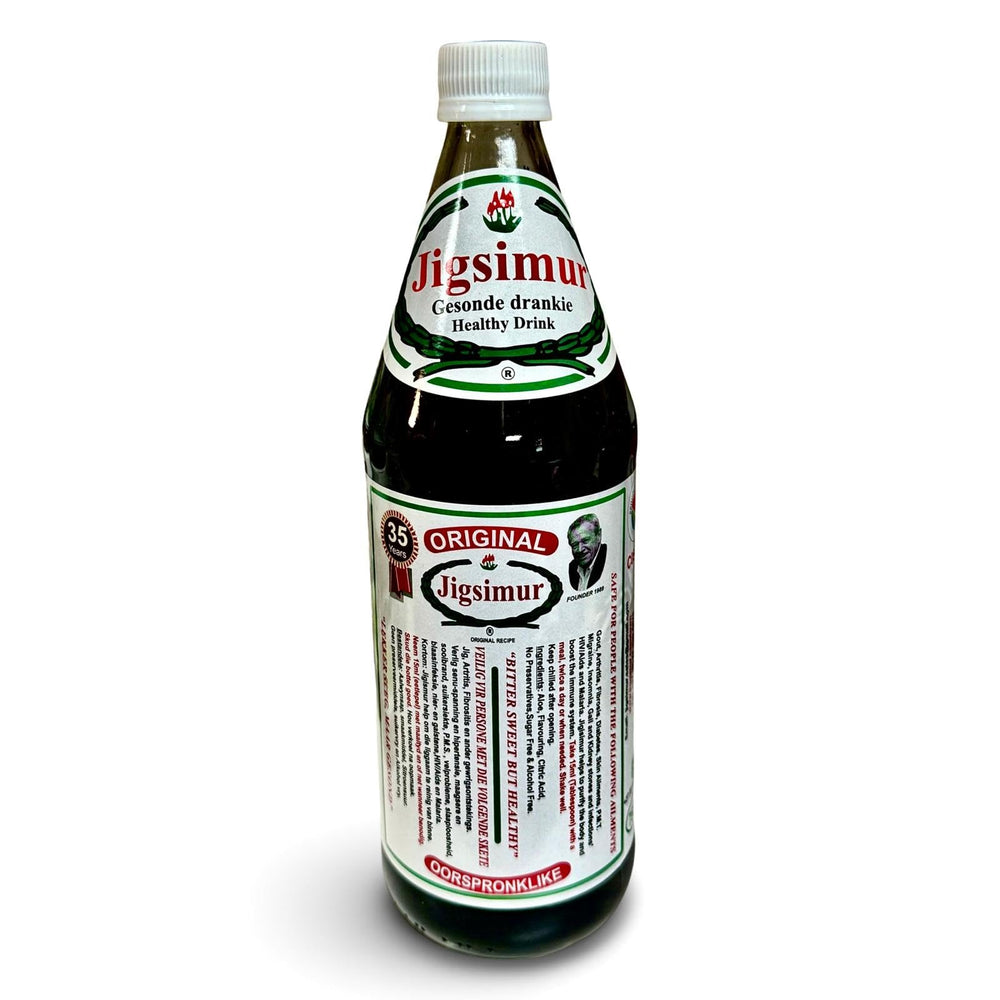 Jigsimur natural health drink 750ml bottle in glass shows convenient daily use.