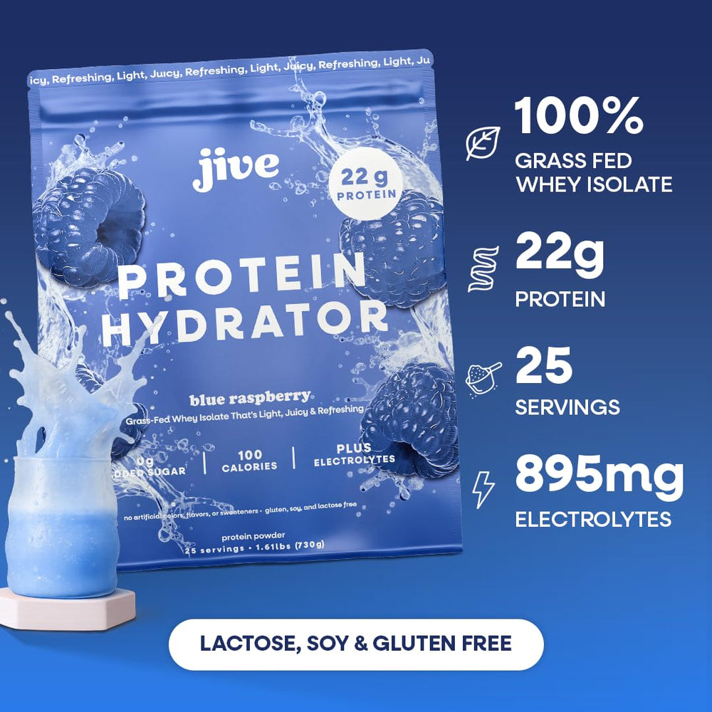 Jive Clear Protein blue raspberry pour into glass suggests quick hydration after training.