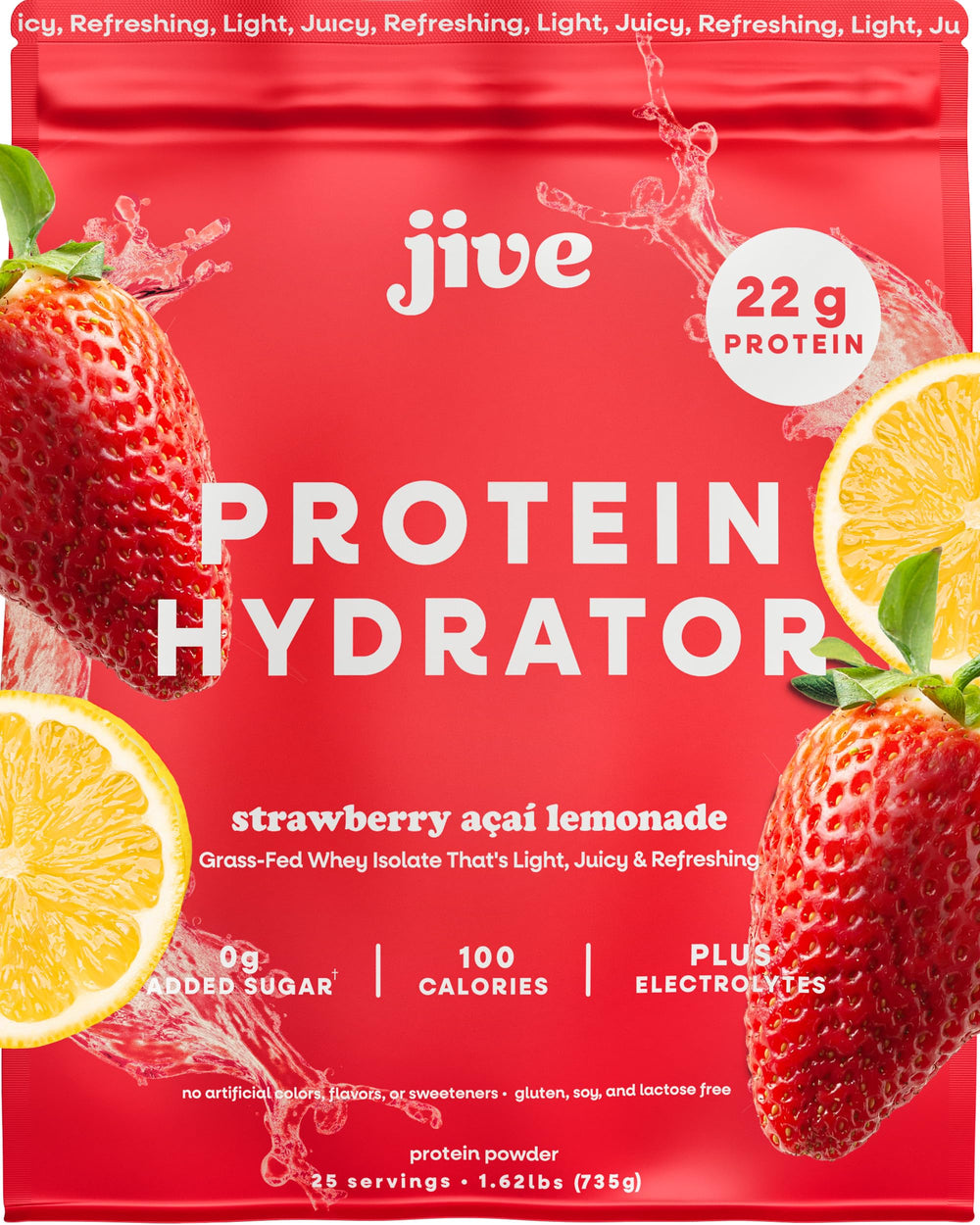 Jive Clear Protein bottle shows Strawberry Acai Lemonade flavor and zero added sugar.