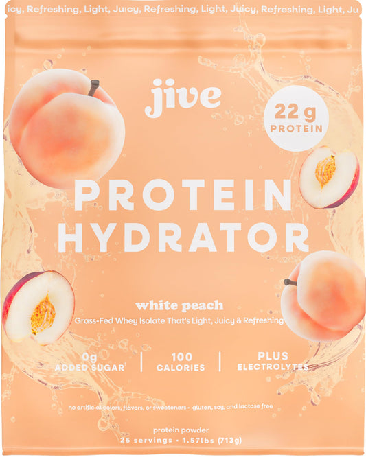 Jive Clear Protein Powder White Peach bottle shows a refreshing protein option.