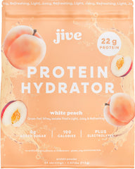 Jive Clear Protein Powder White Peach bottle shows a refreshing protein option.