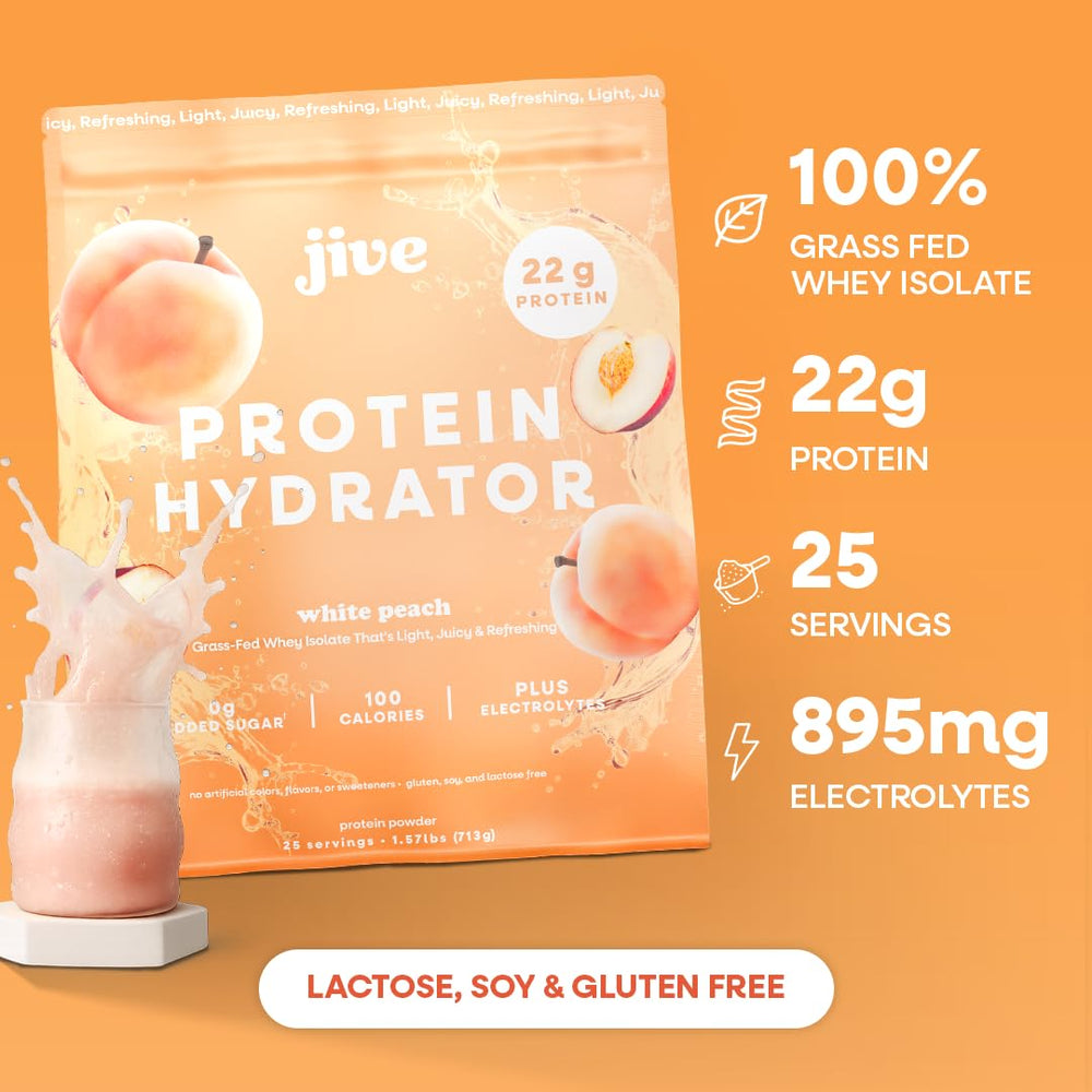 Jive Clear Protein Powder White Peach glass serving highlights hydration-friendly use.