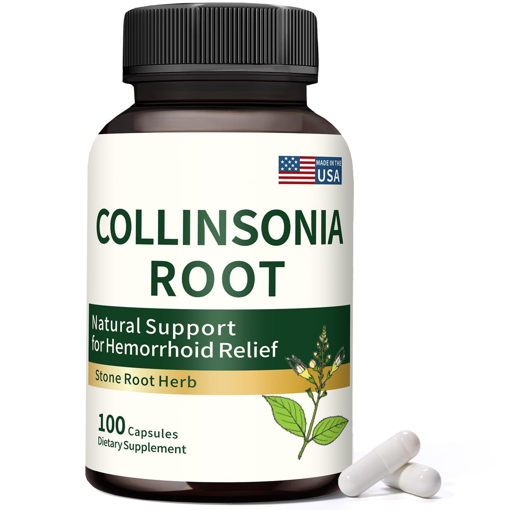 Jkrova Collinsonia Root bottle closeup showing natural relief potential and easy daily dosing.