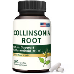 Jkrova Collinsonia Root bottle closeup showing natural relief potential and easy daily dosing.