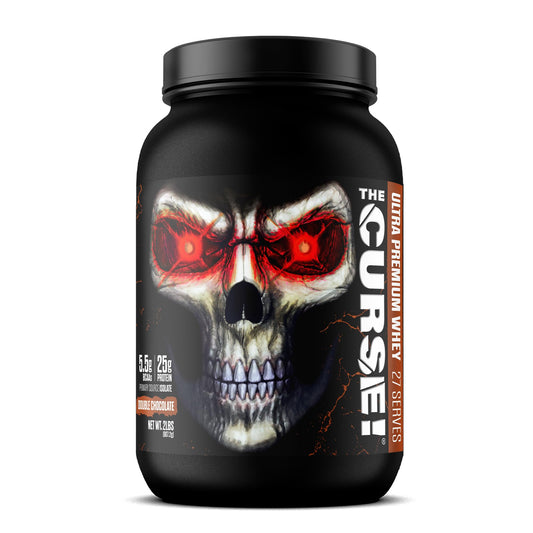 JNX SPORTS The Curse! double chocolate whey tub for lean muscle support.