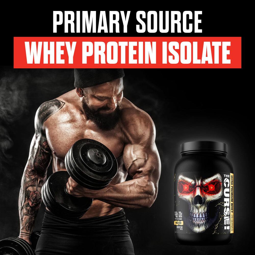 Ingredients panel highlights whey isolate and no added sugar.