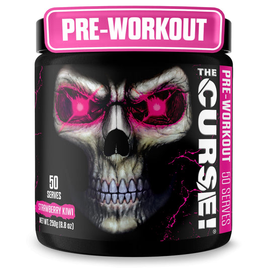 JNX Sports The Curse pre-workout tub with label close-up showing energy-boosting formula