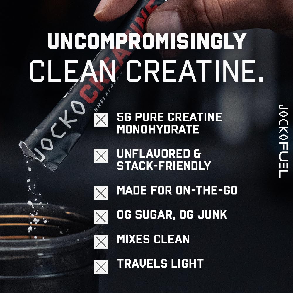 Close-up of Jocko Fuel Creatine Stick Packs unflavored powder for versatile mixing.