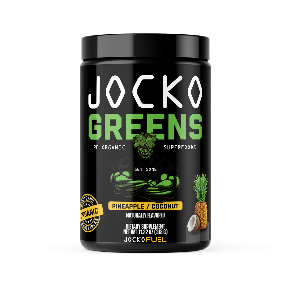 Jocko Fuel Daily Greens powder tub shows the organic greens blend for daily wellness.