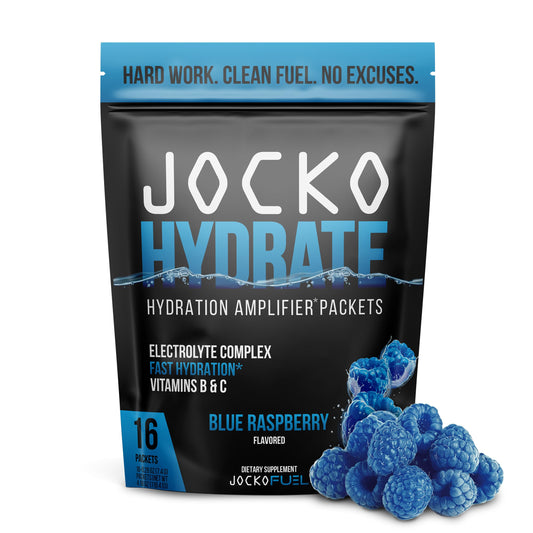 Jocko Fuel Hydrate blue raspberry packets for quick hydration after workouts.