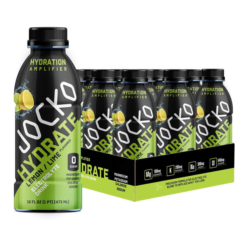 Jocko Fuel Hydrate bottle front view shows refreshing lemon-lime flavor for workouts.