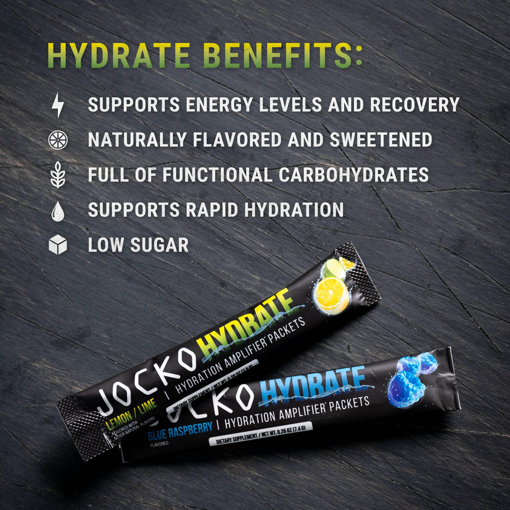 Jocko Fuel Hydrate bottle showing vitamins C, B6, B12 for energy support.