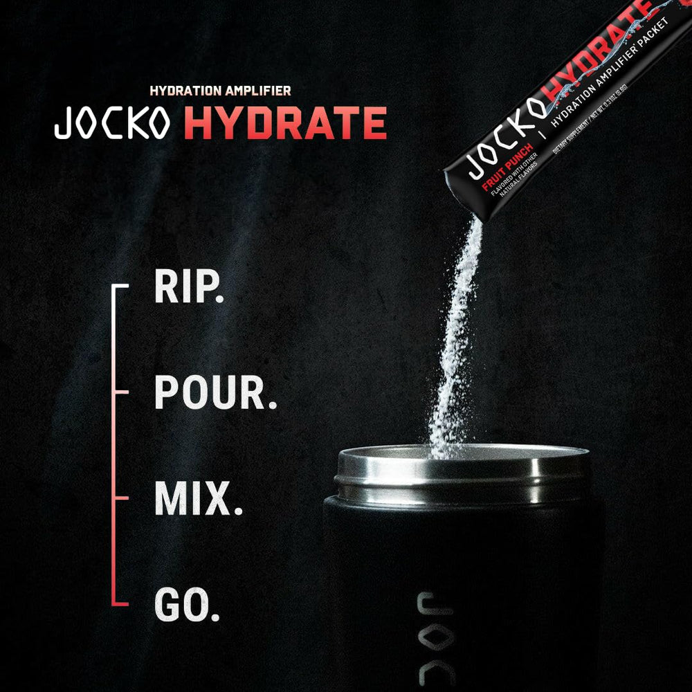 Nutrition facts label on Jocko Fuel Hydrate highlights electrolytes and vitamins.