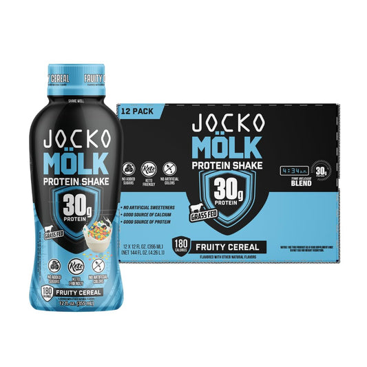 Jocko Mölk ready-to-drink bottle highlighting high-protein, zero added sugar.
